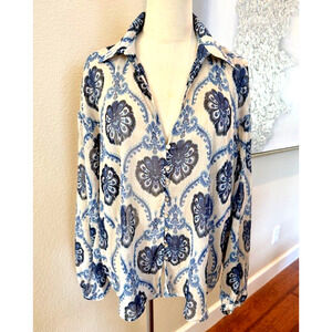 Zara Blue Floral Metallic Mosaic V Neck Boho Long Sleeve Blouse Semi Sheer Large